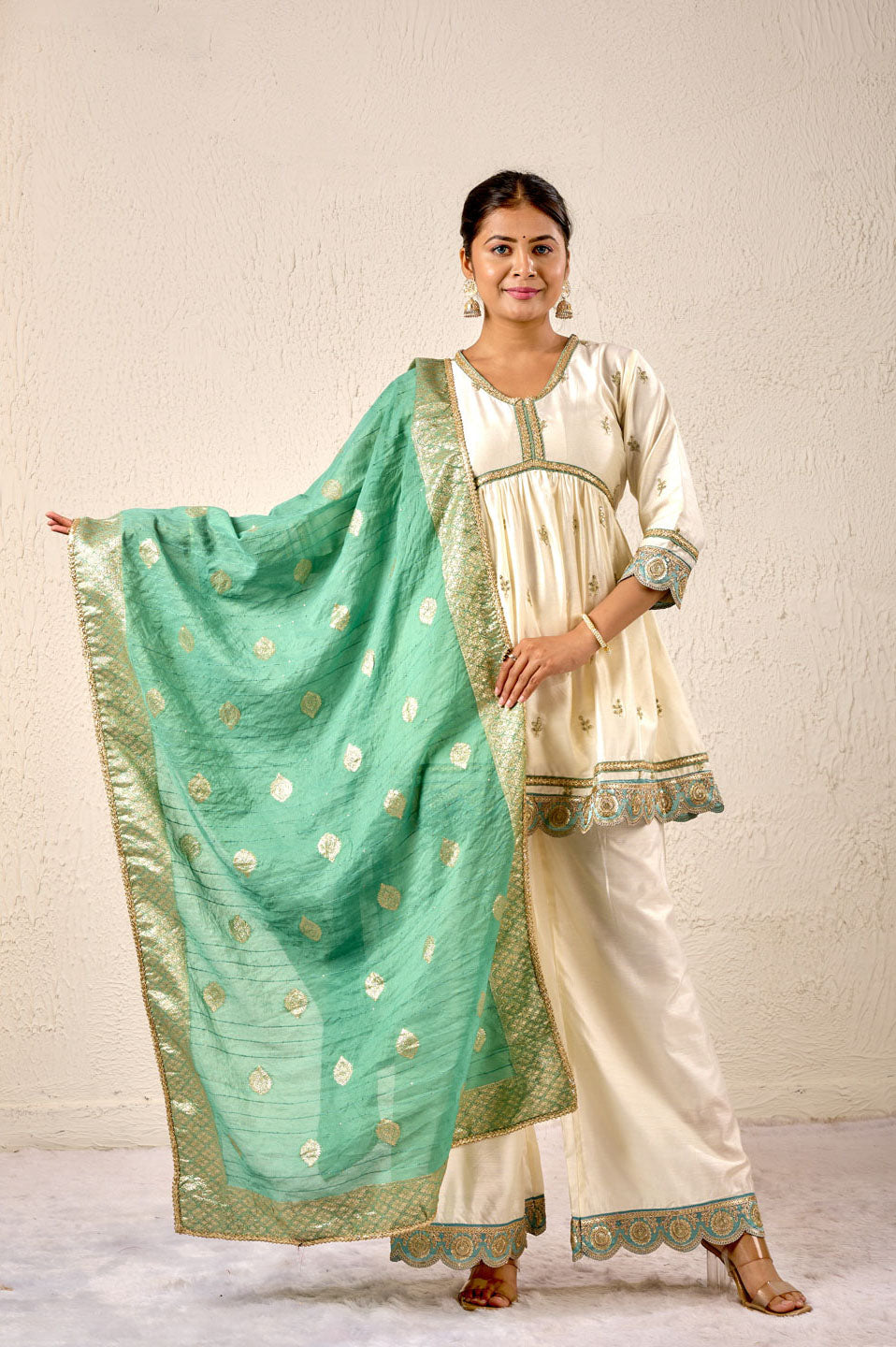 Ivory & Mint Embroidered Sharara Set