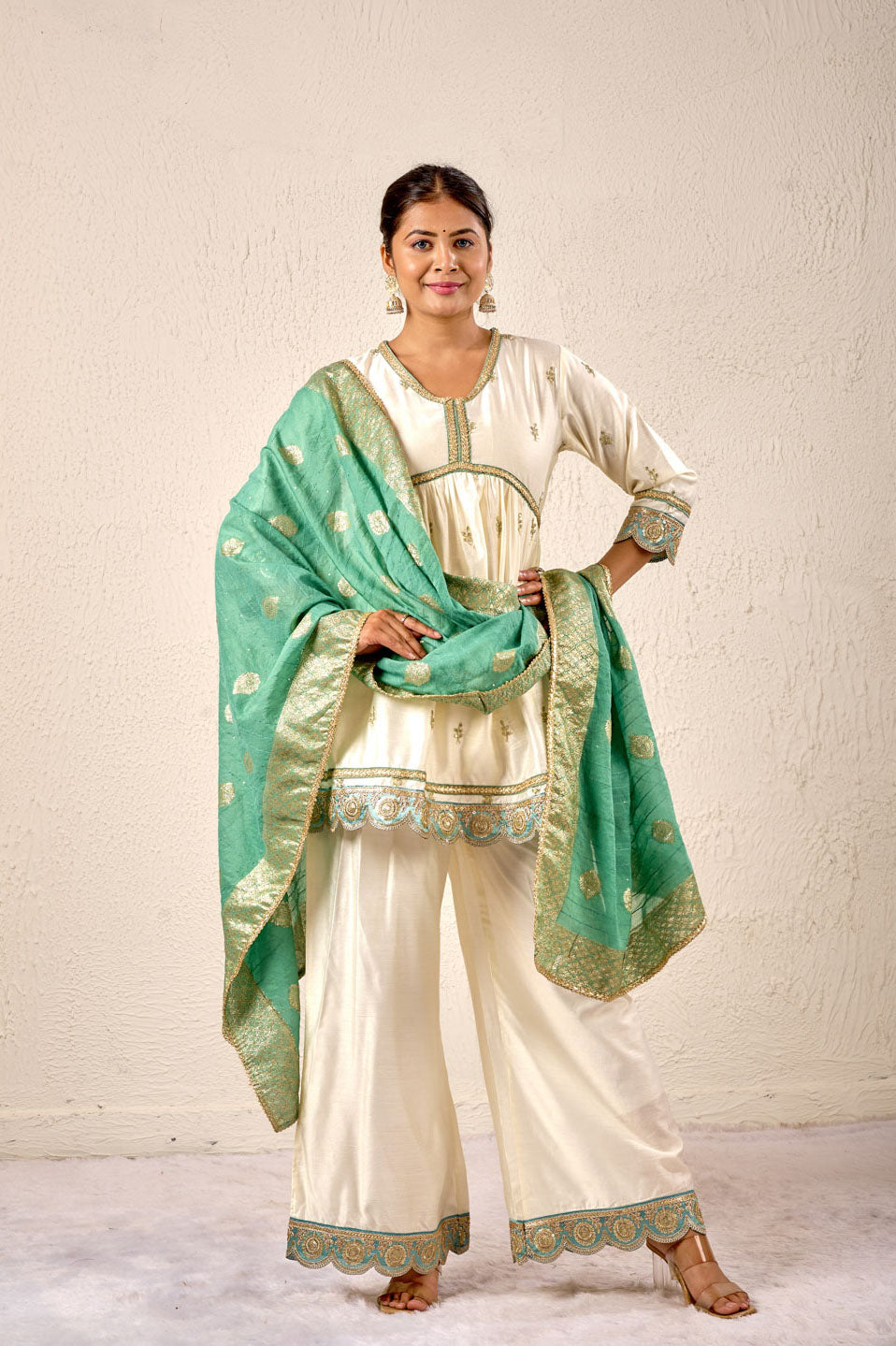 Ivory & Mint Embroidered Sharara Set