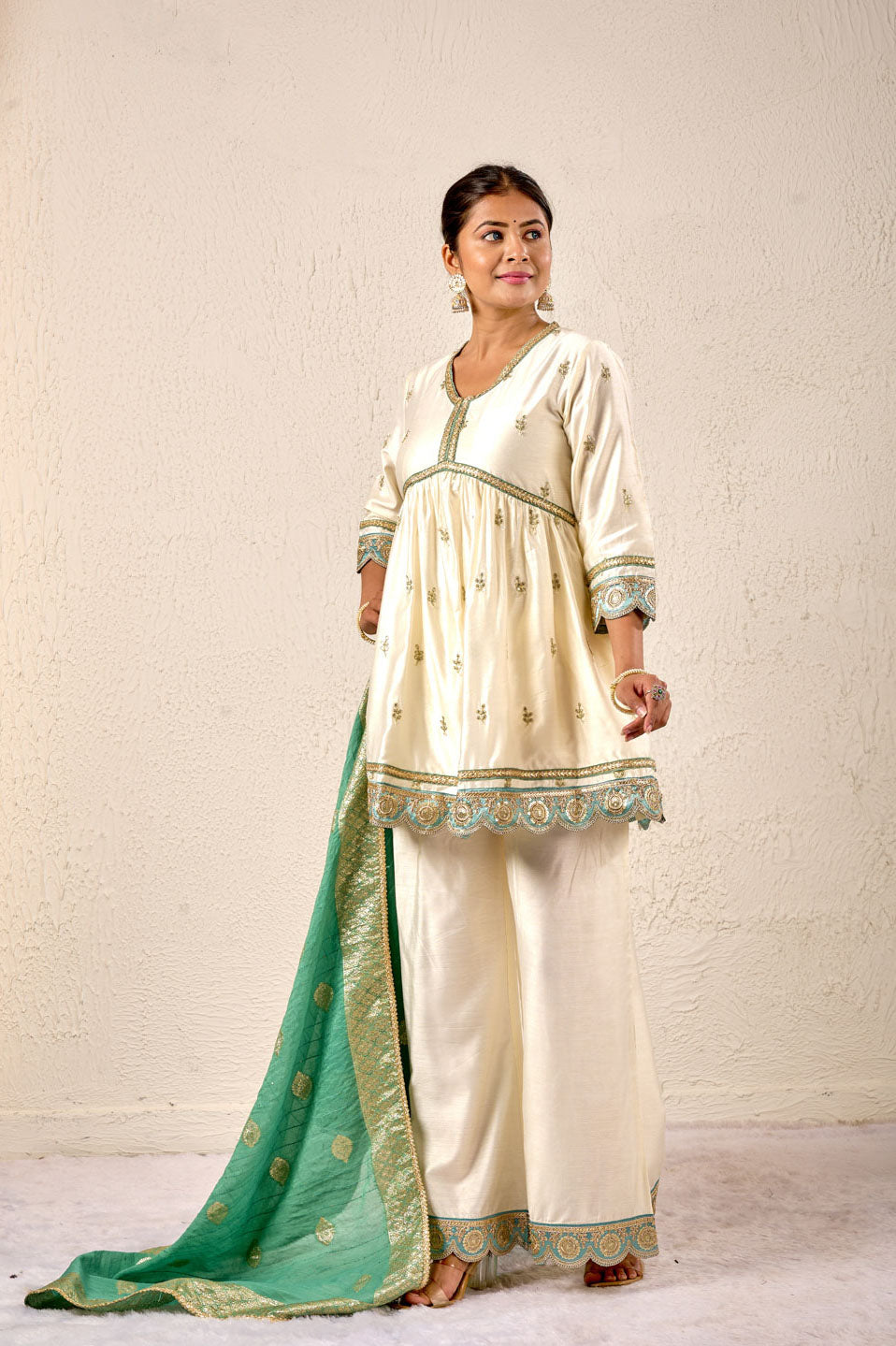 Ivory & Mint Embroidered Sharara Set