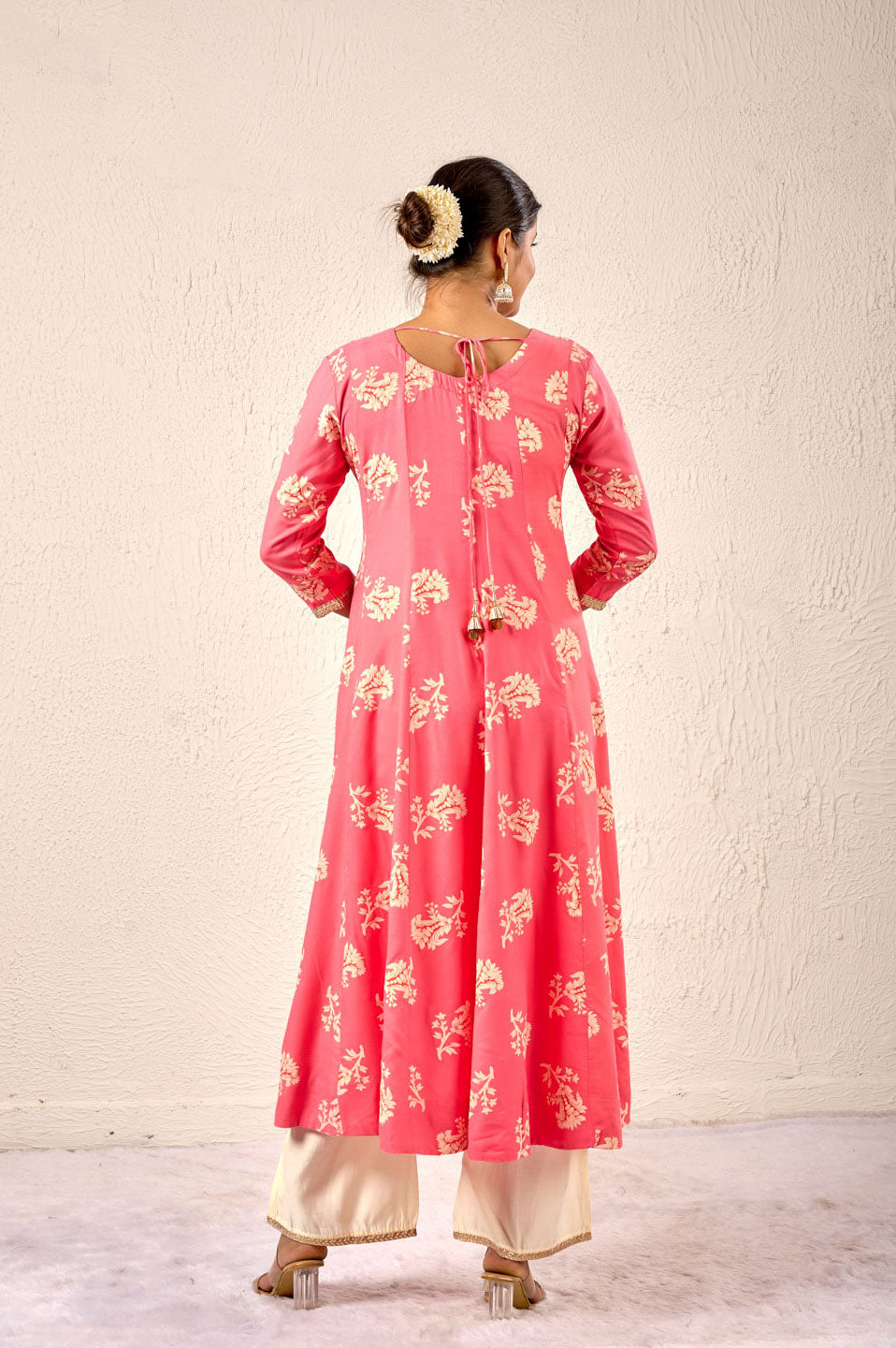 Rose Pink Flared Anarkali Set with Mirror Work