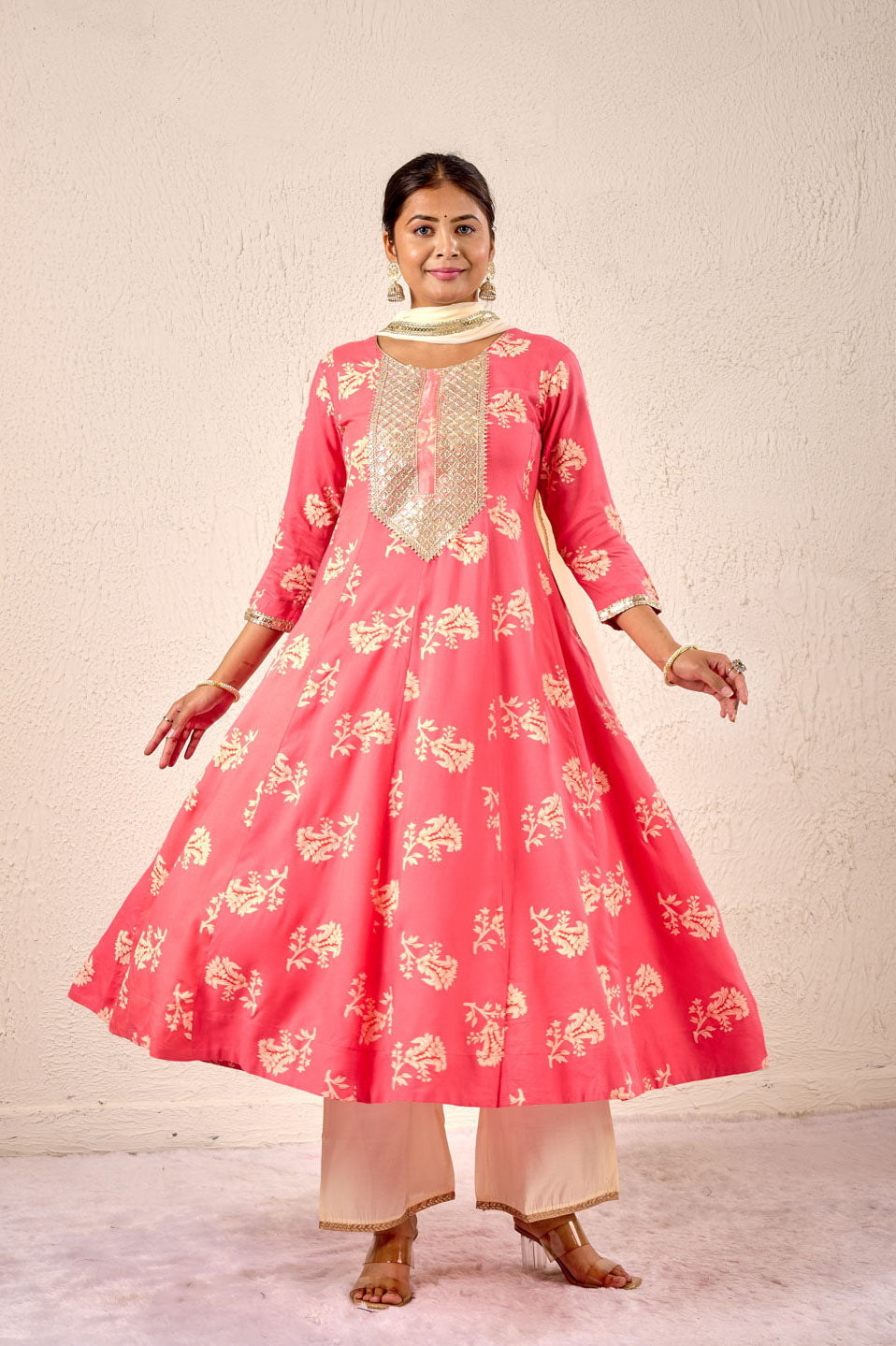 Rose Pink Flared Anarkali Set with Mirror Work