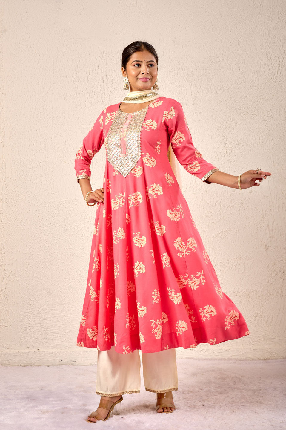 Rose Pink Flared Anarkali Set with Mirror Work