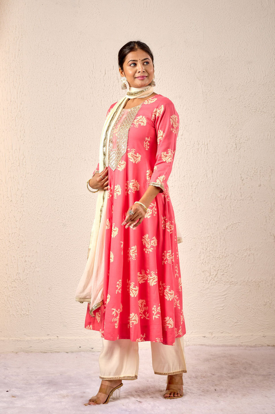 Rose Pink Flared Anarkali Set with Mirror Work