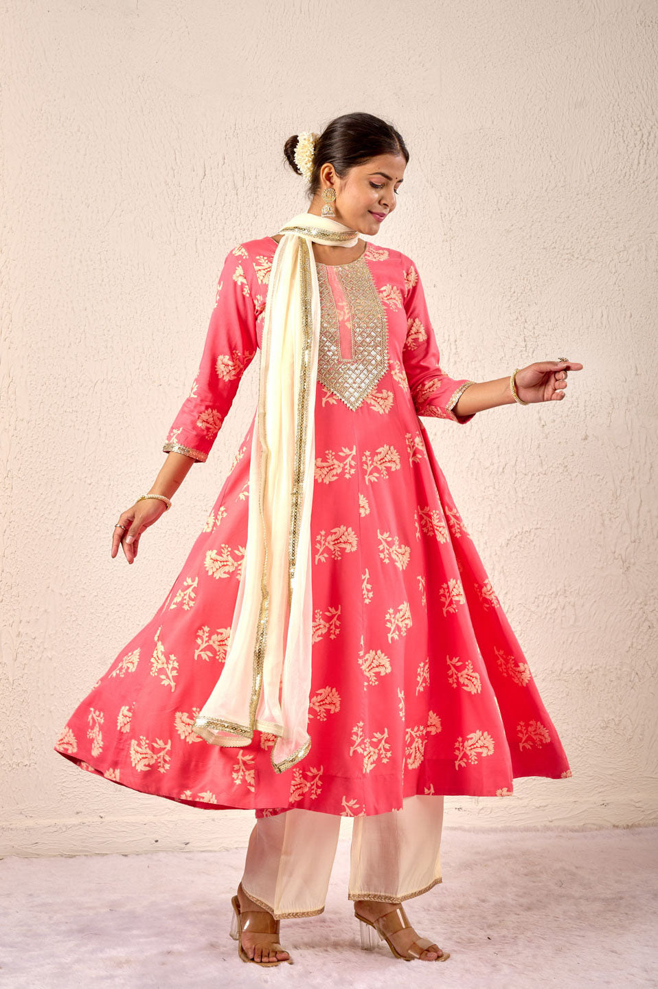 Rose Pink Flared Anarkali Set with Mirror Work