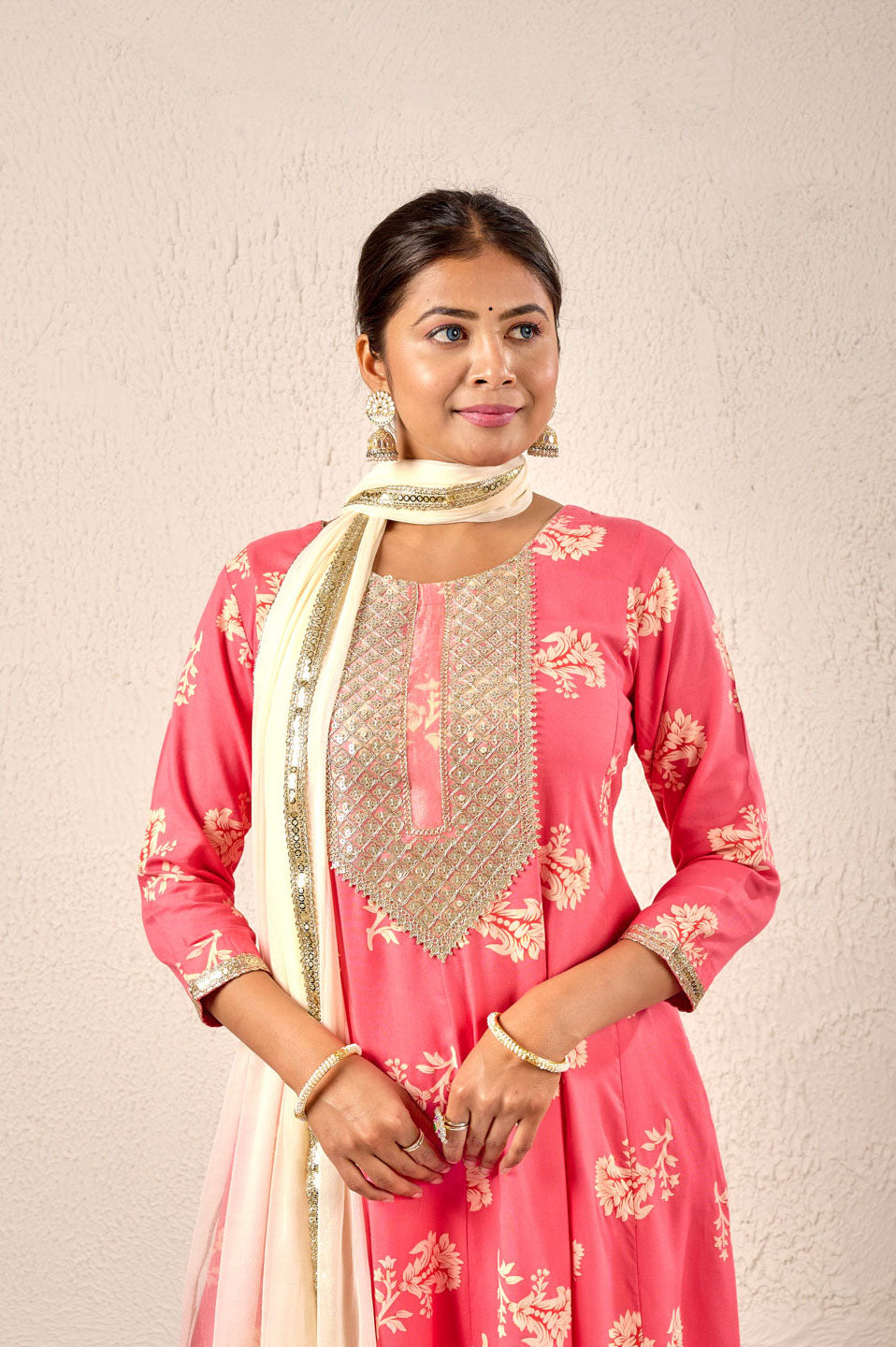 Rose Pink Flared Anarkali Set with Mirror Work