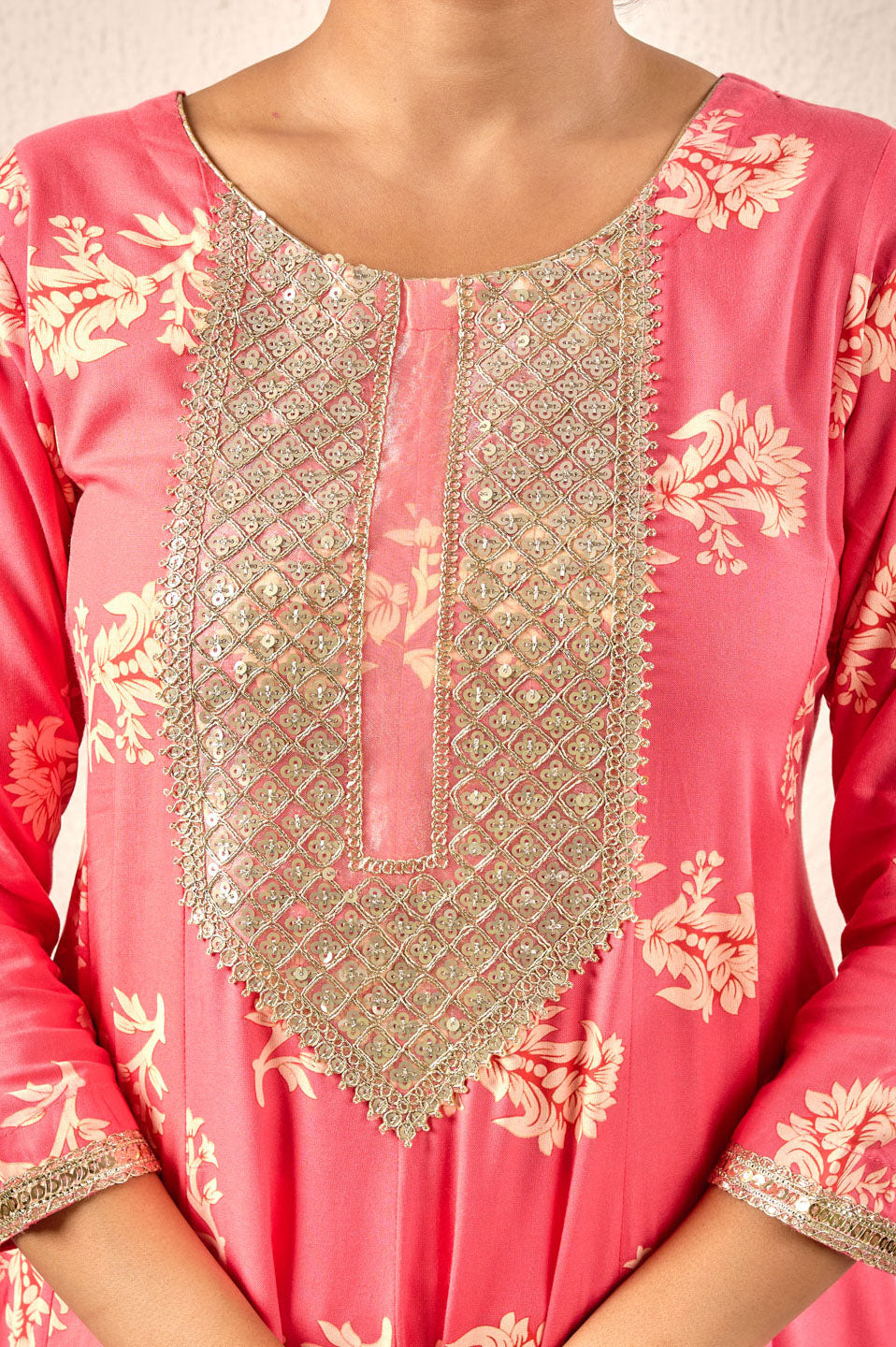 Rose Pink Flared Anarkali Set with Mirror Work