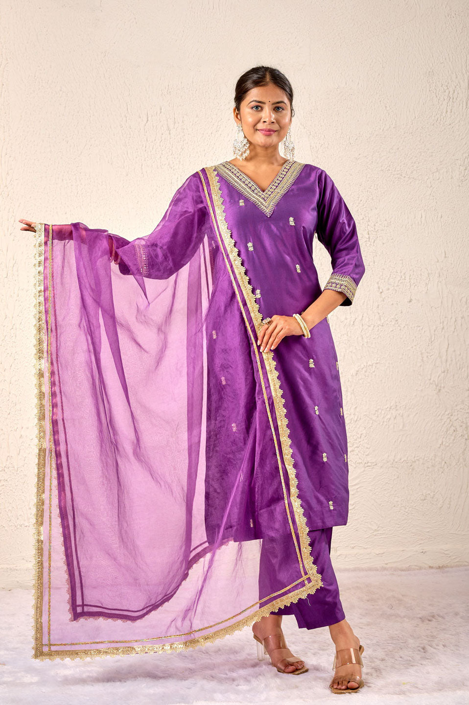 Purple Ghadwal V-Neck suit Set