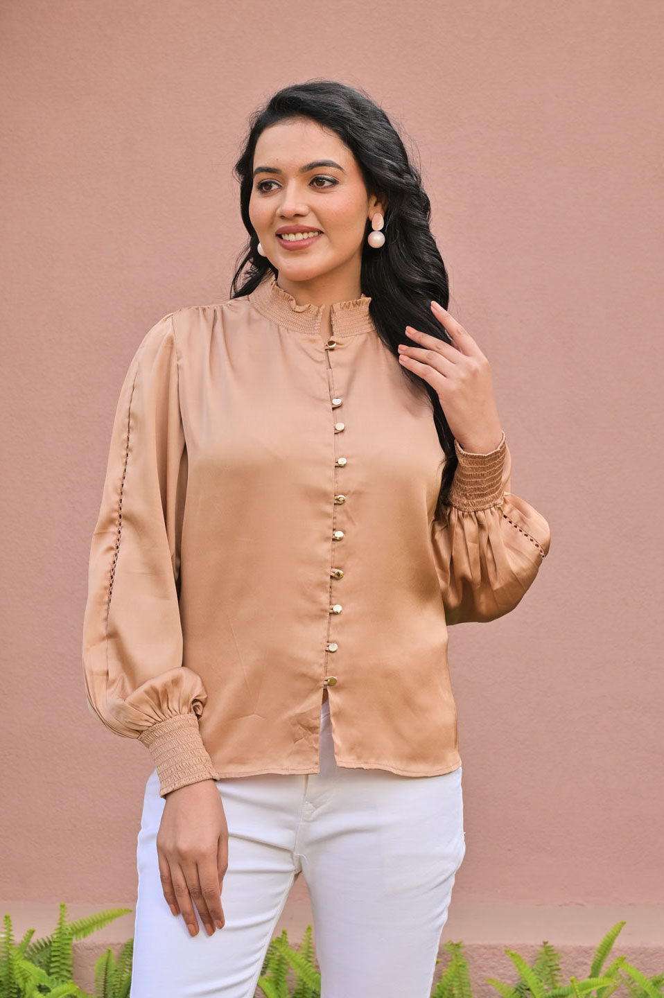 Elegant Beige Satin Top with Button-Down Front Smocked Sleeves