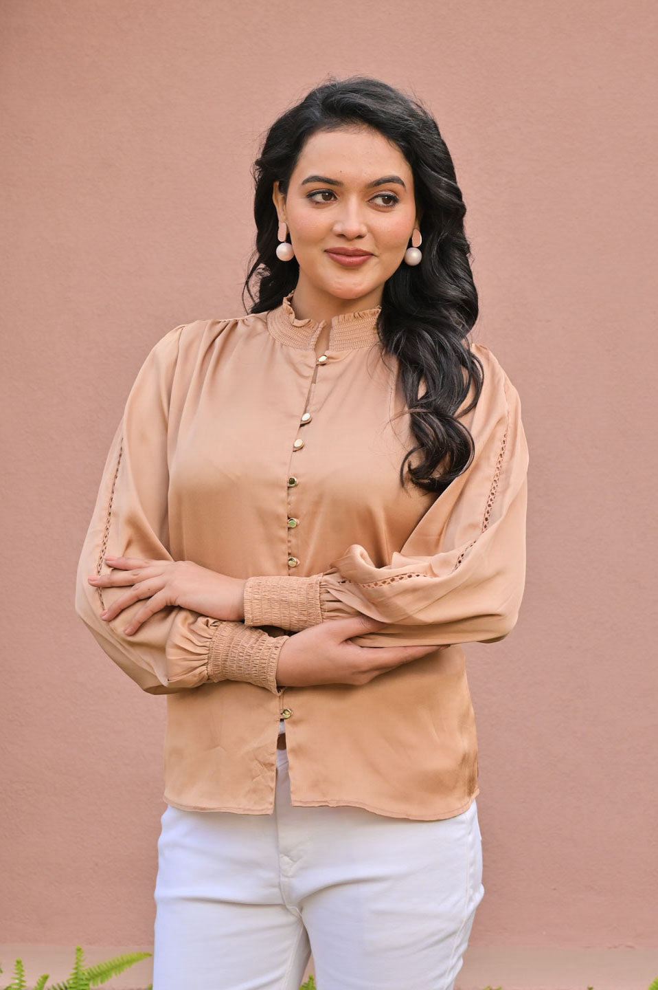 Elegant Beige Satin Top with Button-Down Front Smocked Sleeves