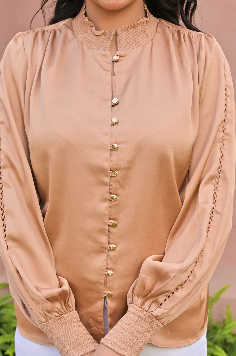 Elegant Beige Satin Top with Button-Down Front Smocked Sleeves