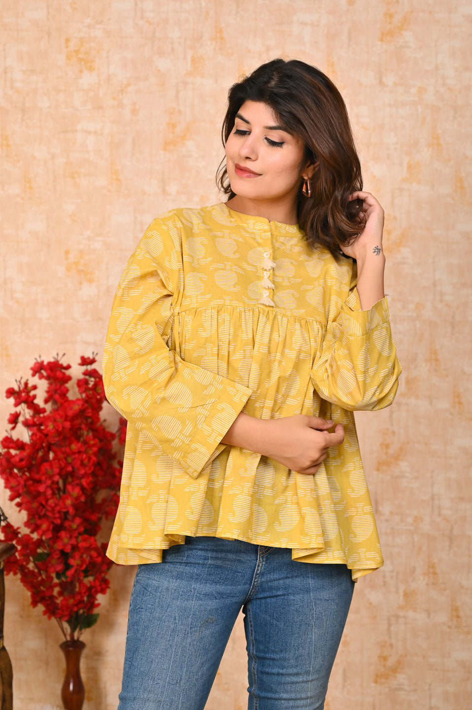 Yellow printed floral Kurti